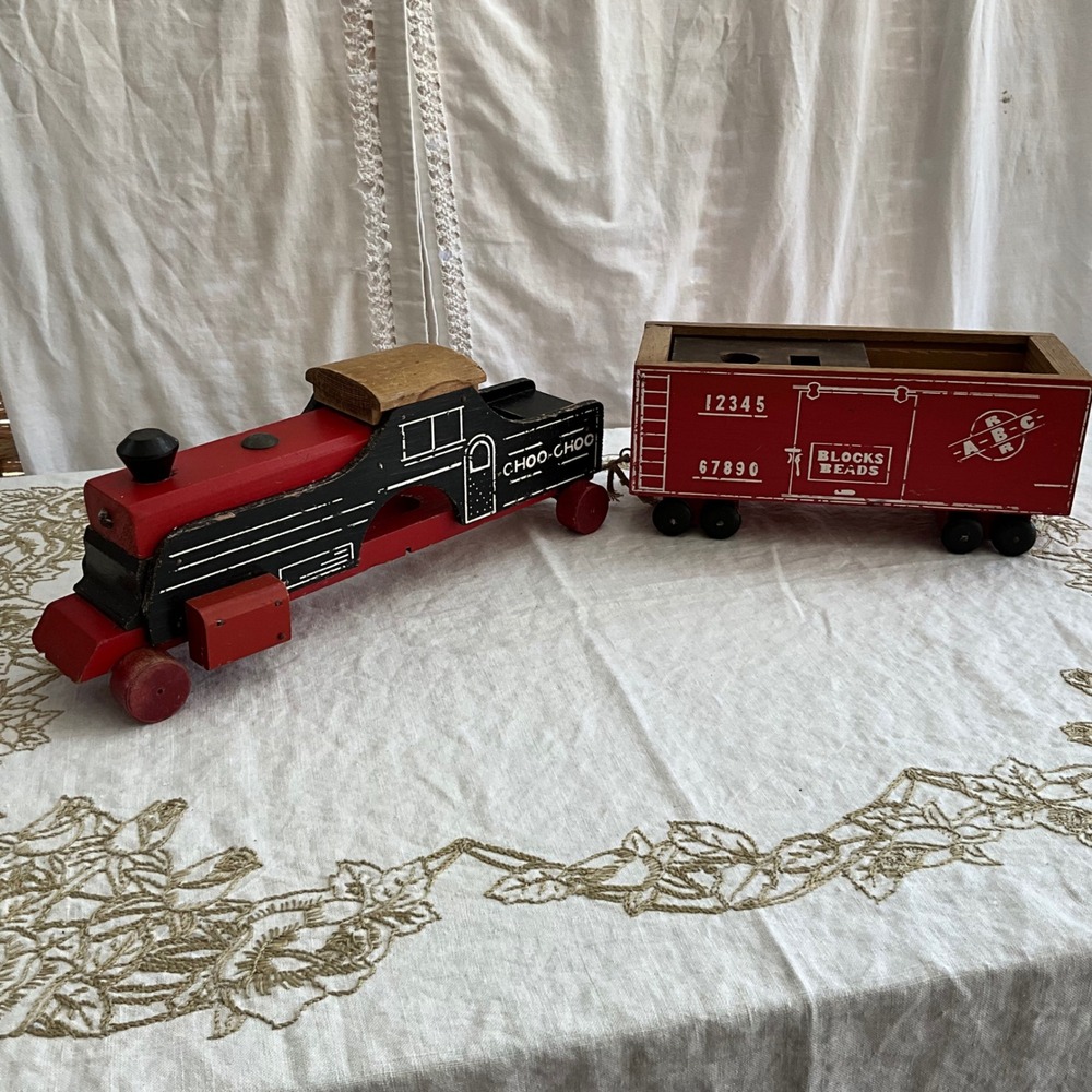 Vintage Wooden Toy Train‎ Set Choo-Choo Engine and ABC Blocks Beads Boxcar 50's